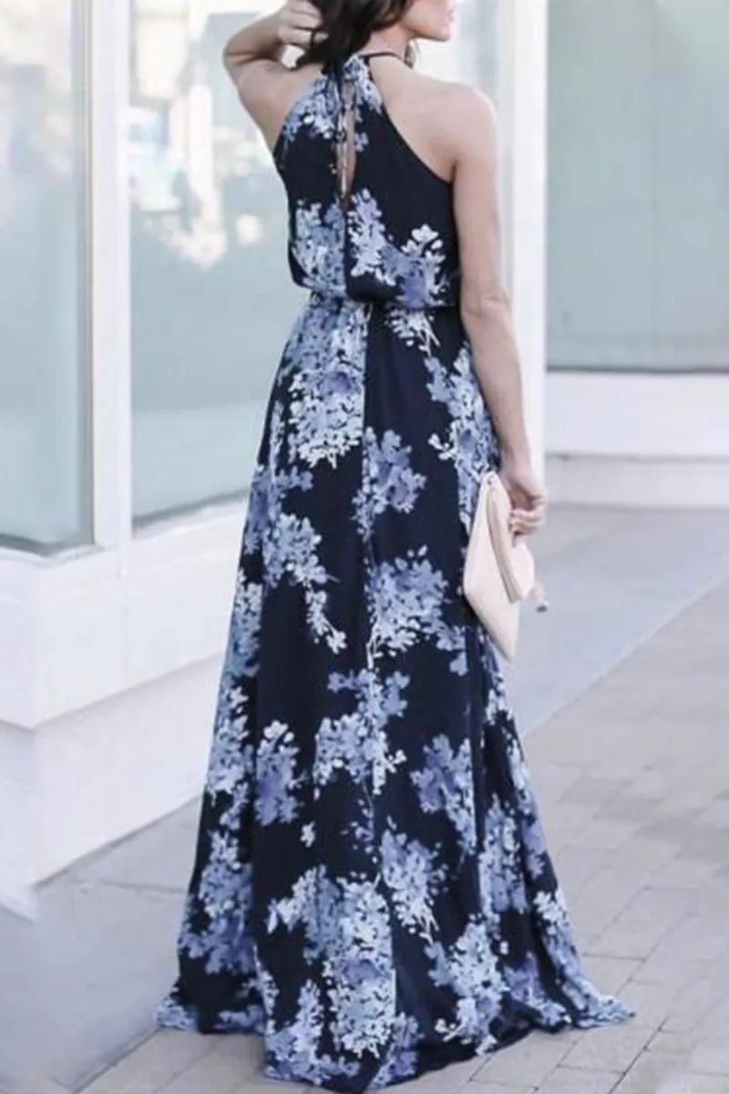 Fashion Elegant Floral Frenulum High Opening Halter A Line Dresses(3 Colors)