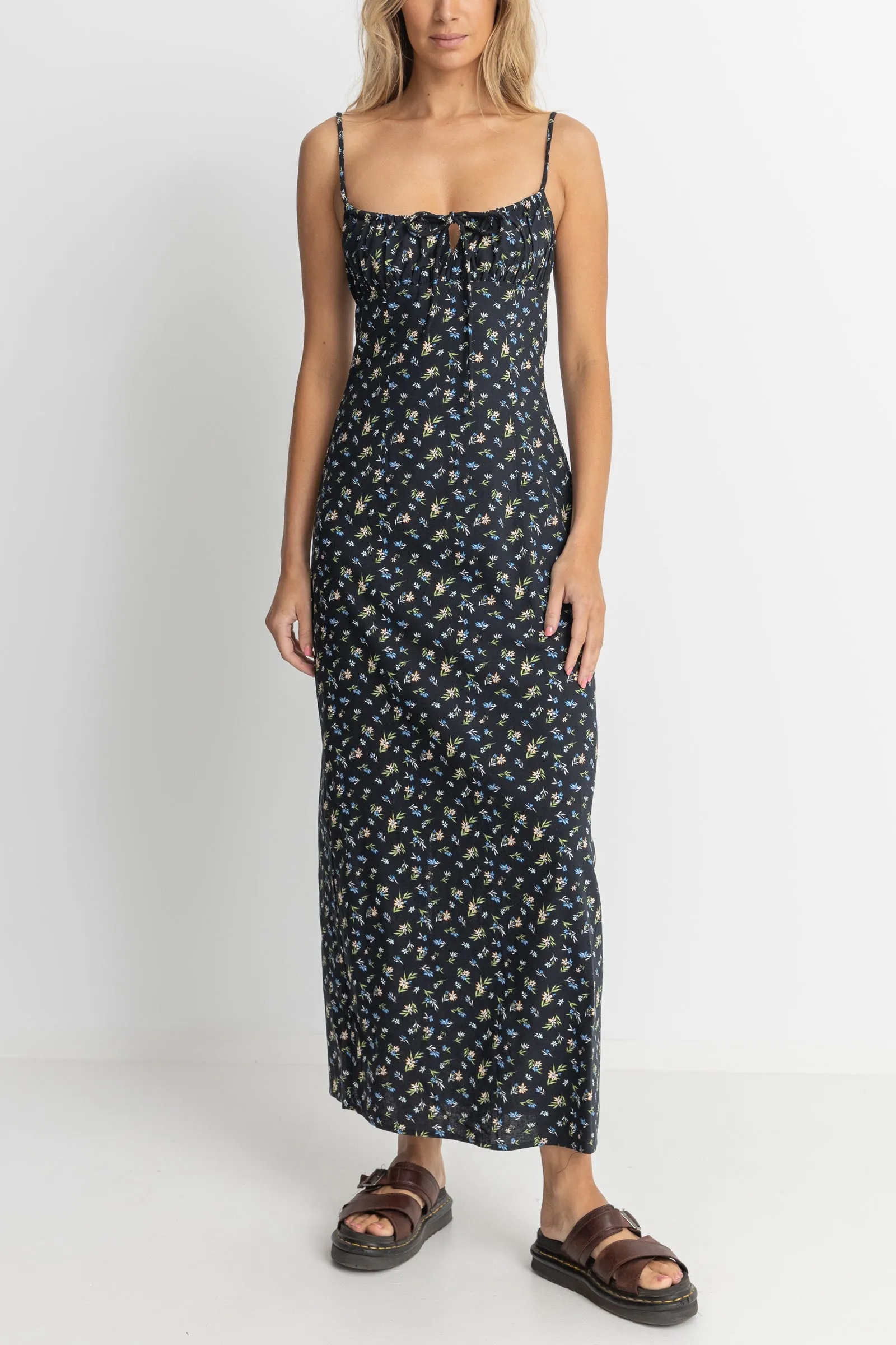 FLEUR FLORAL GATHERED MAXI DRESS - BLACK