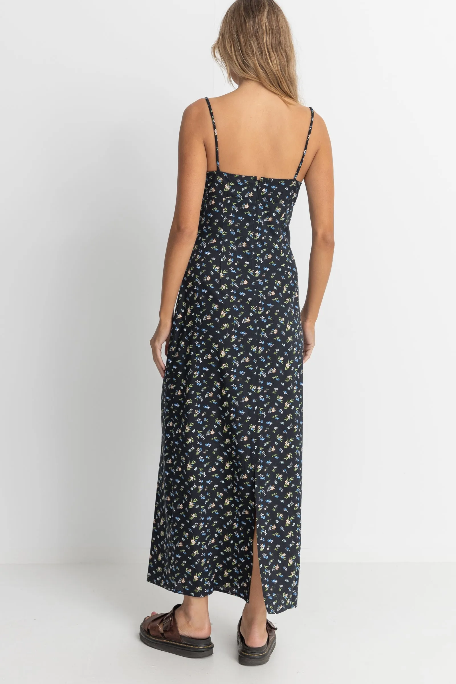 FLEUR FLORAL GATHERED MAXI DRESS - BLACK