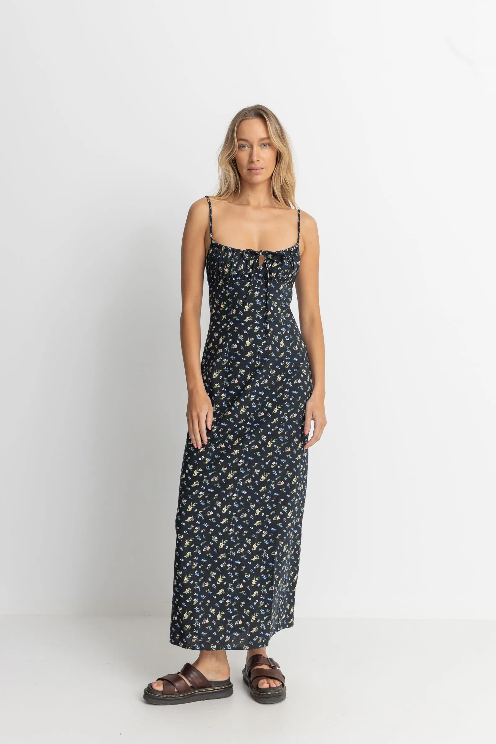 FLEUR FLORAL GATHERED MAXI DRESS - BLACK
