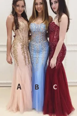 Floor Length Sweetheart Mermaid Prom with Appliques Strapless Tulle Formal Dress