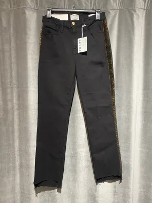 Frame High Rise Straight Fit Black Jeans with Gold Sparkle Stripe
