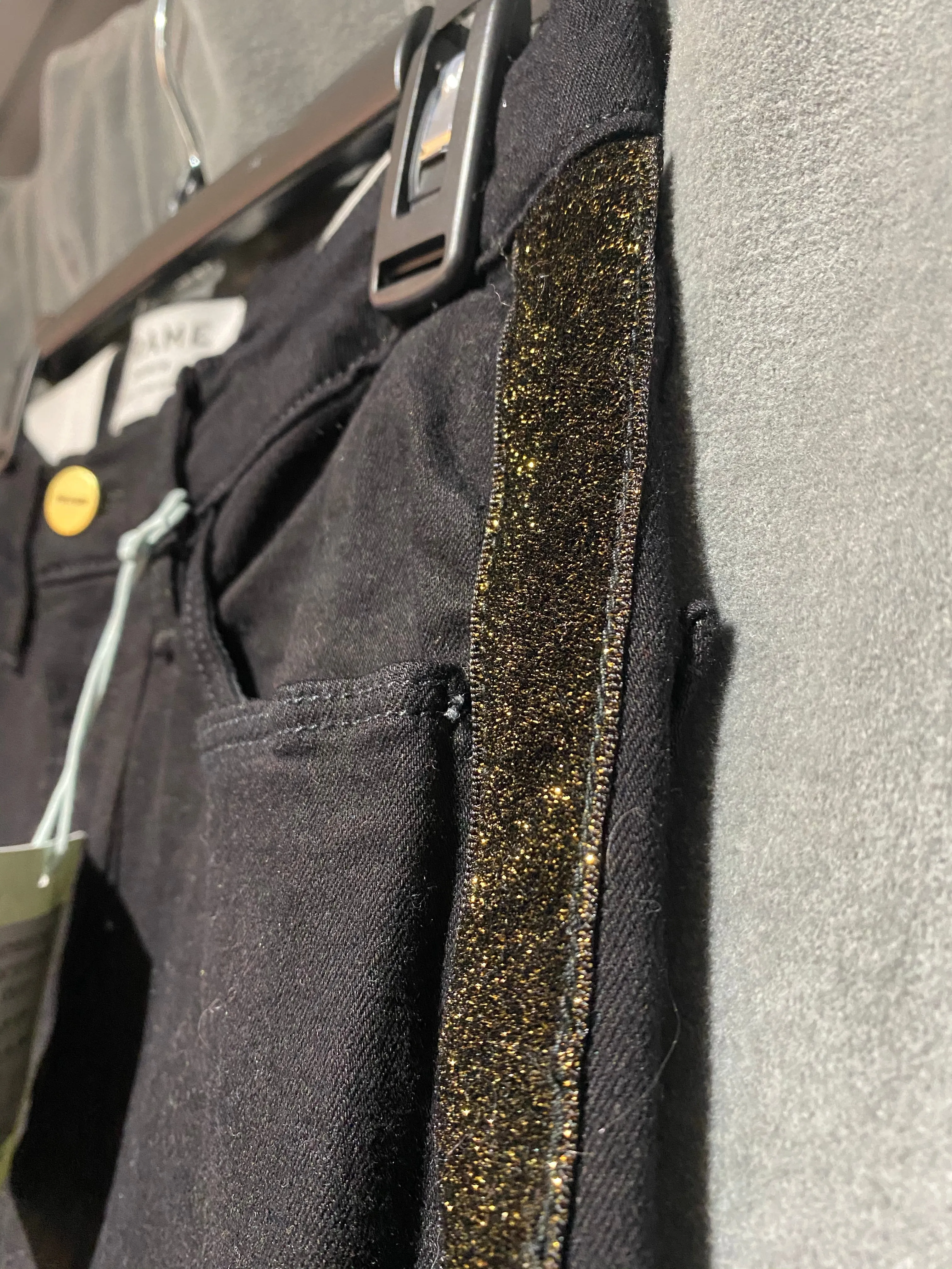 Frame High Rise Straight Fit Black Jeans with Gold Sparkle Stripe