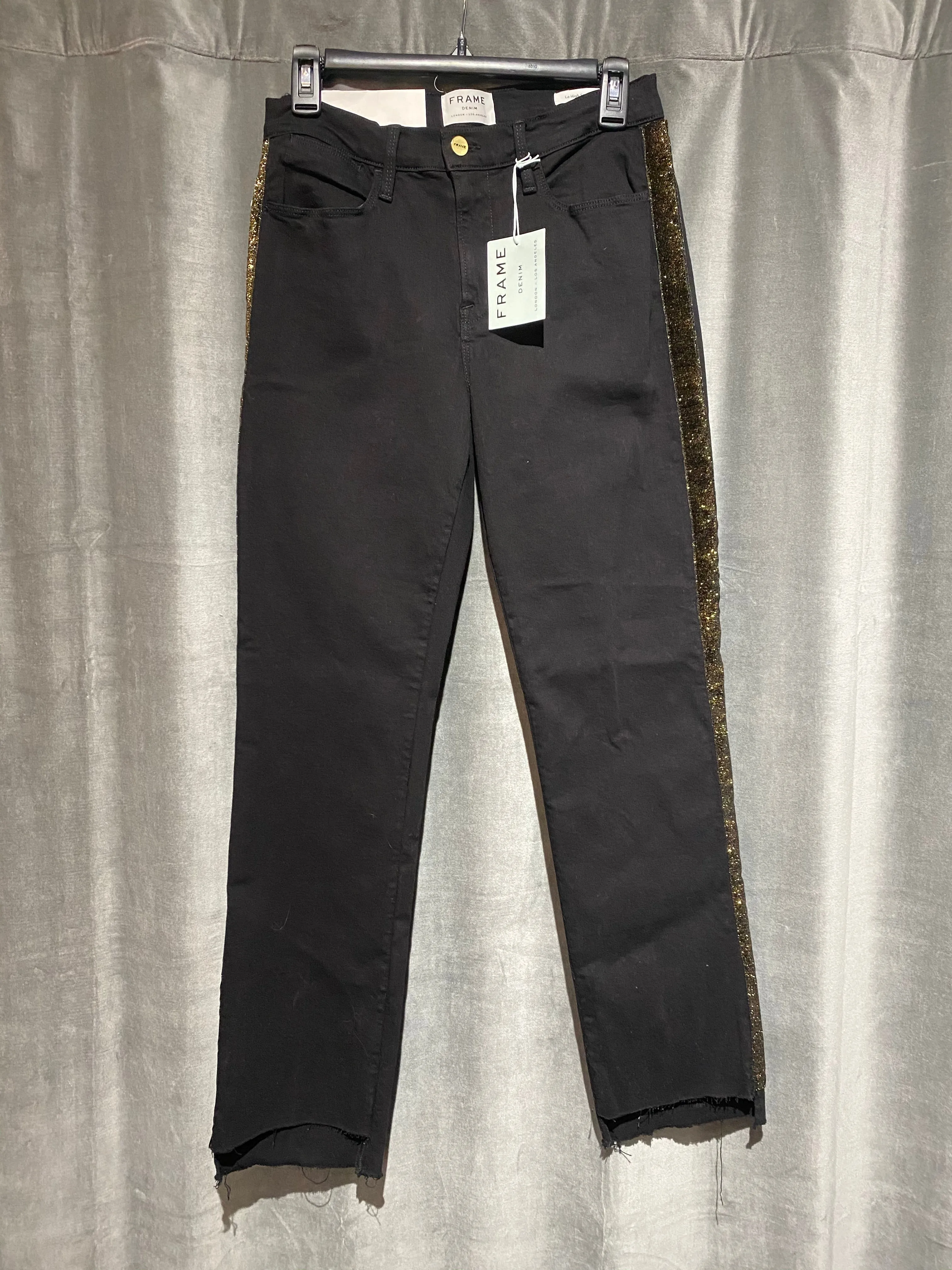 Frame High Rise Straight Fit Black Jeans with Gold Sparkle Stripe