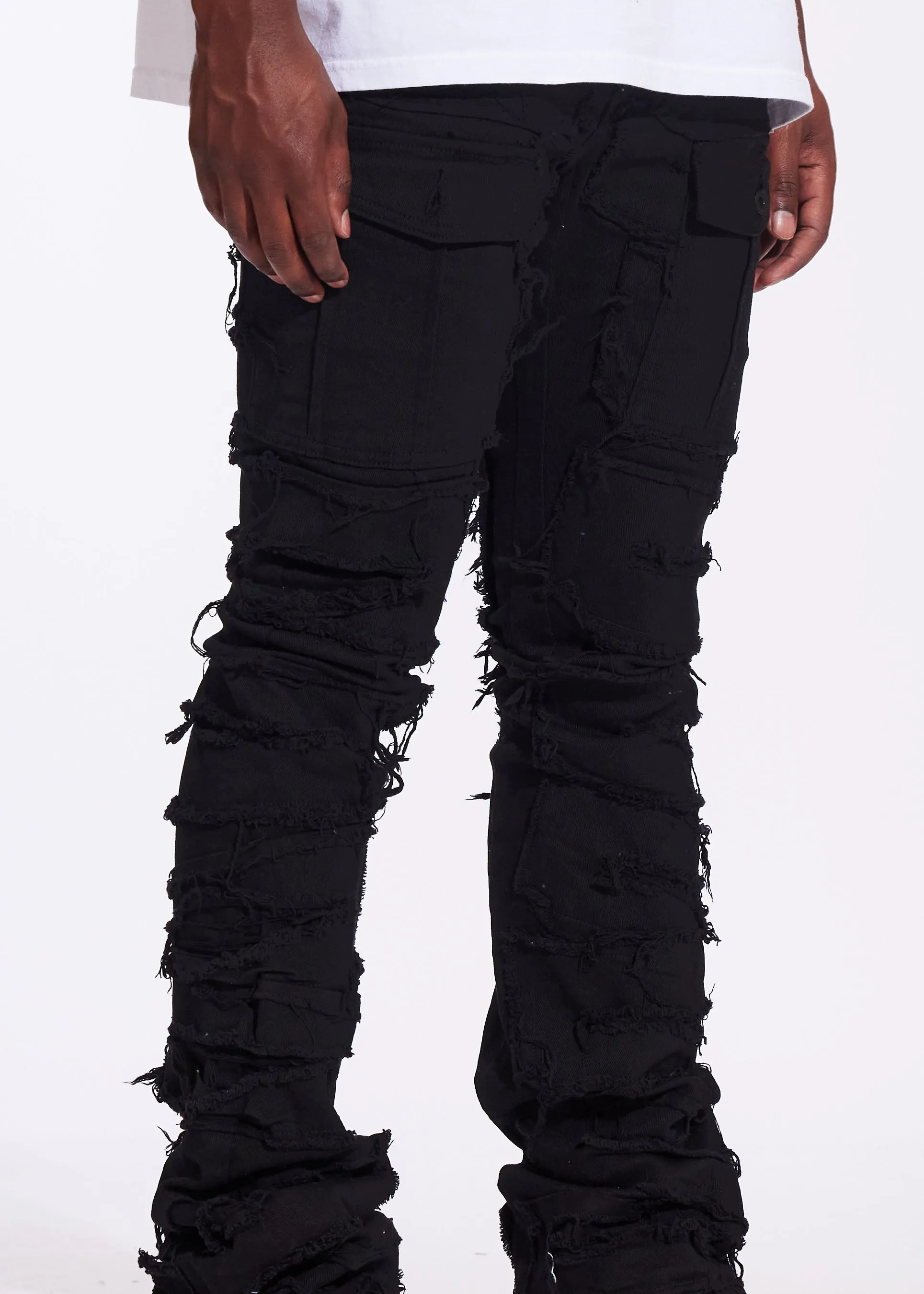 Fray Cargo Flare Denim (Jet Black)