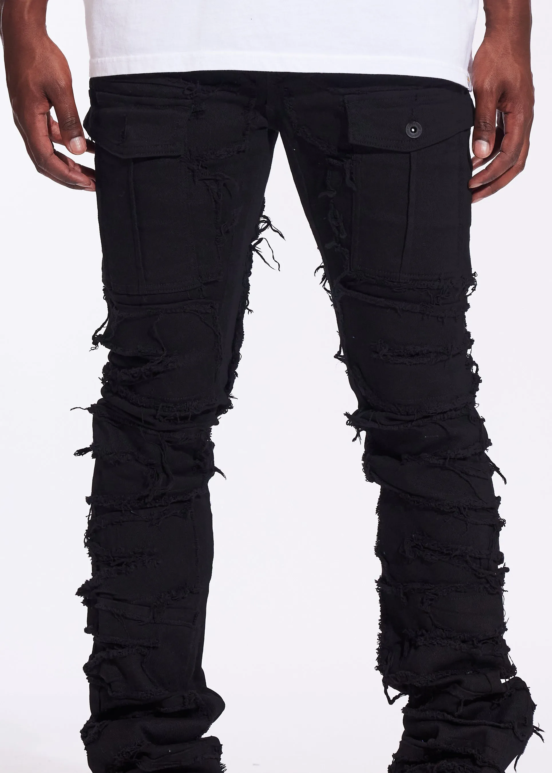 Fray Cargo Flare Denim (Jet Black)