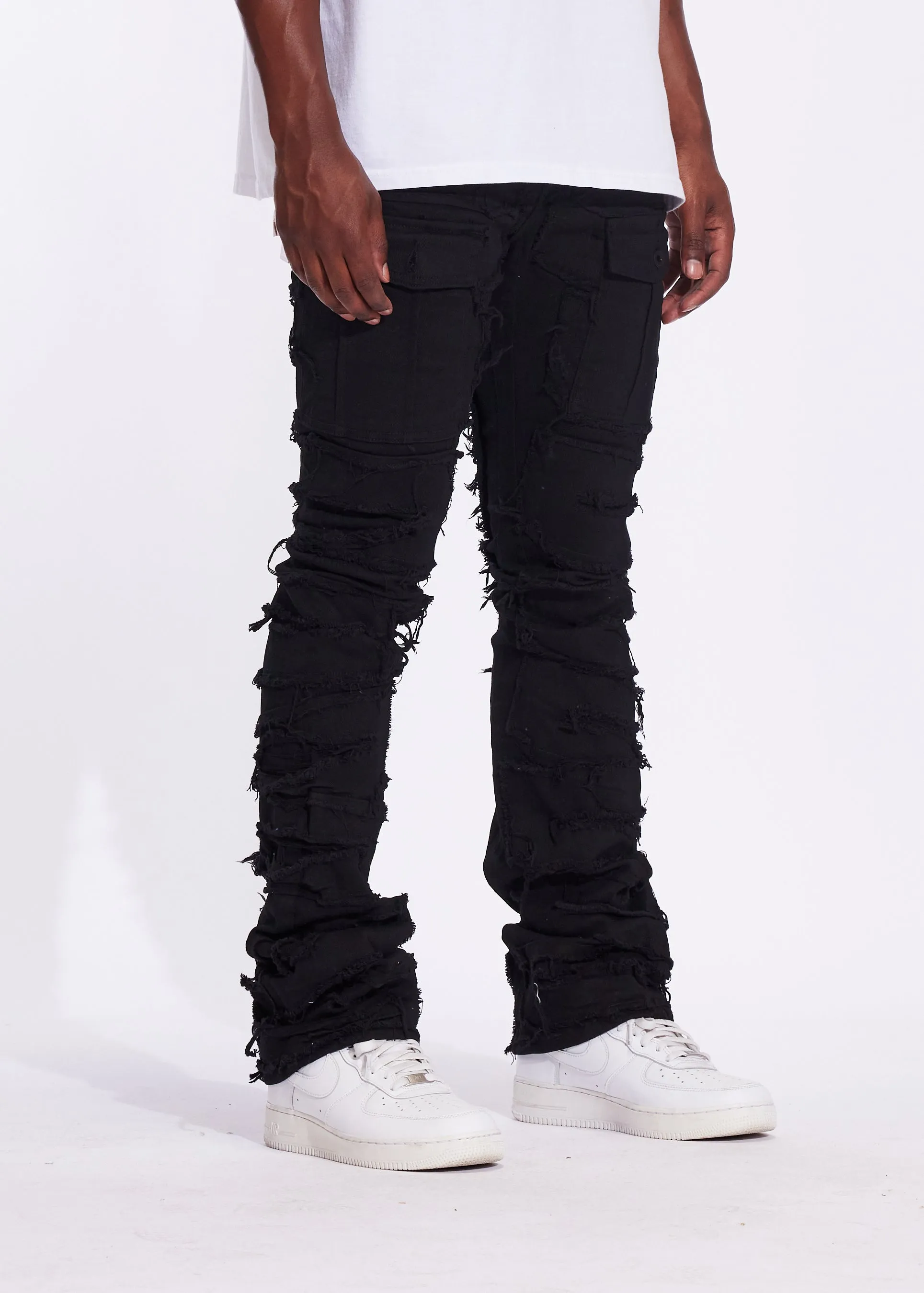 Fray Cargo Flare Denim (Jet Black)