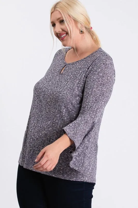 Front Keyhole 2tone Rib Fabric 3/4 Bell Sleeve Top
