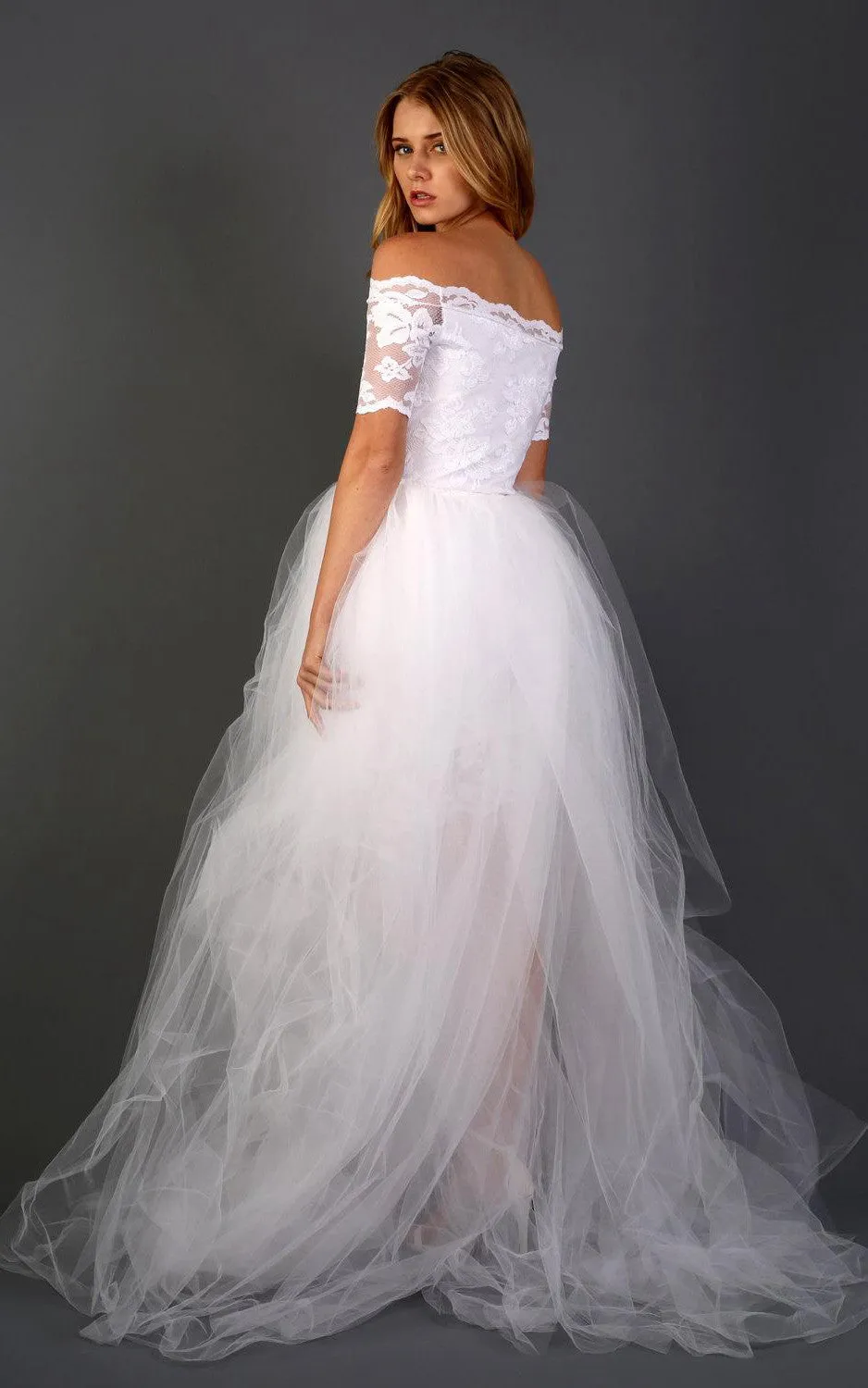 Full Lace Off-Shoulder Short Sheath Wedding Dress With Detachable Skirt-ET_711347