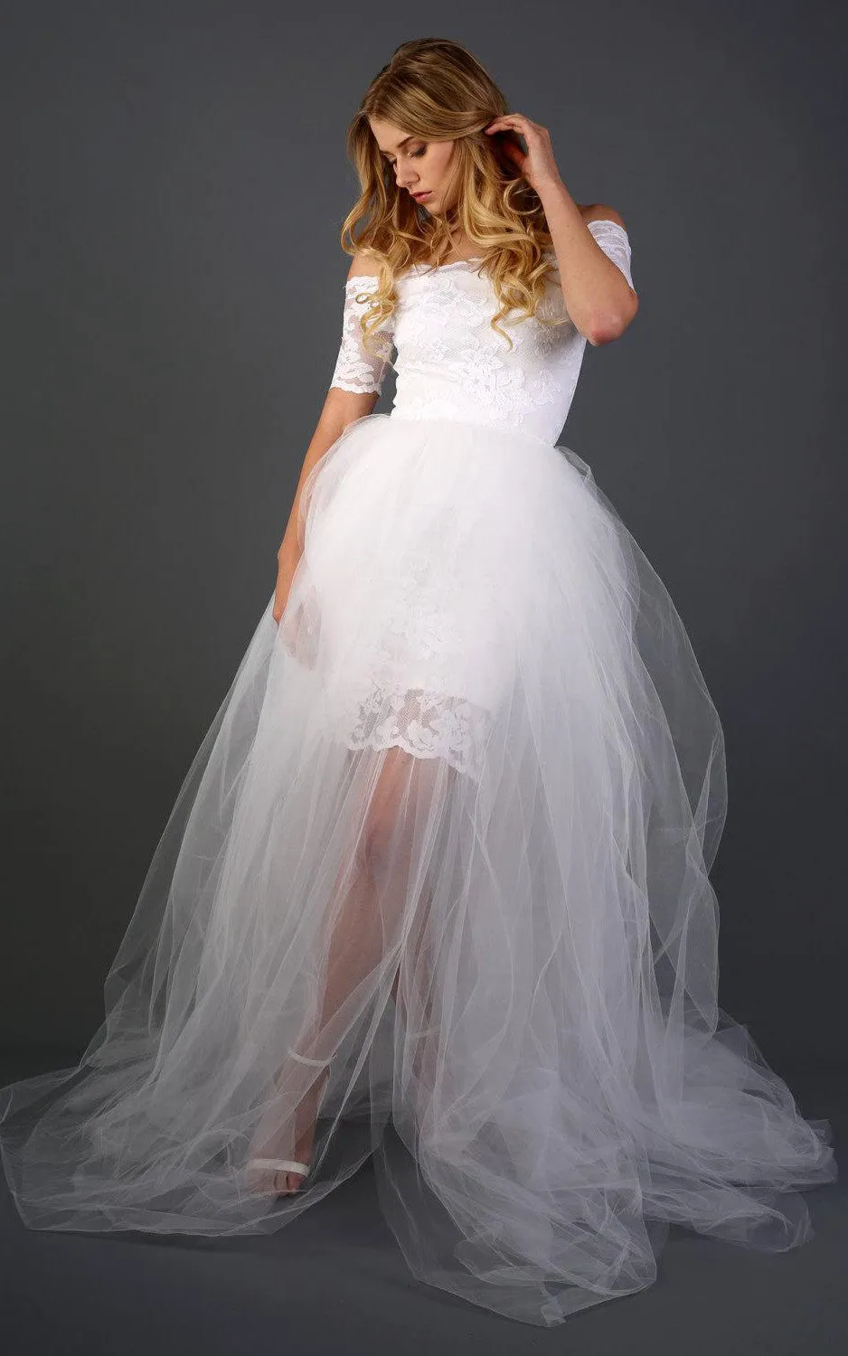 Full Lace Off-Shoulder Short Sheath Wedding Dress With Detachable Skirt-ET_711347