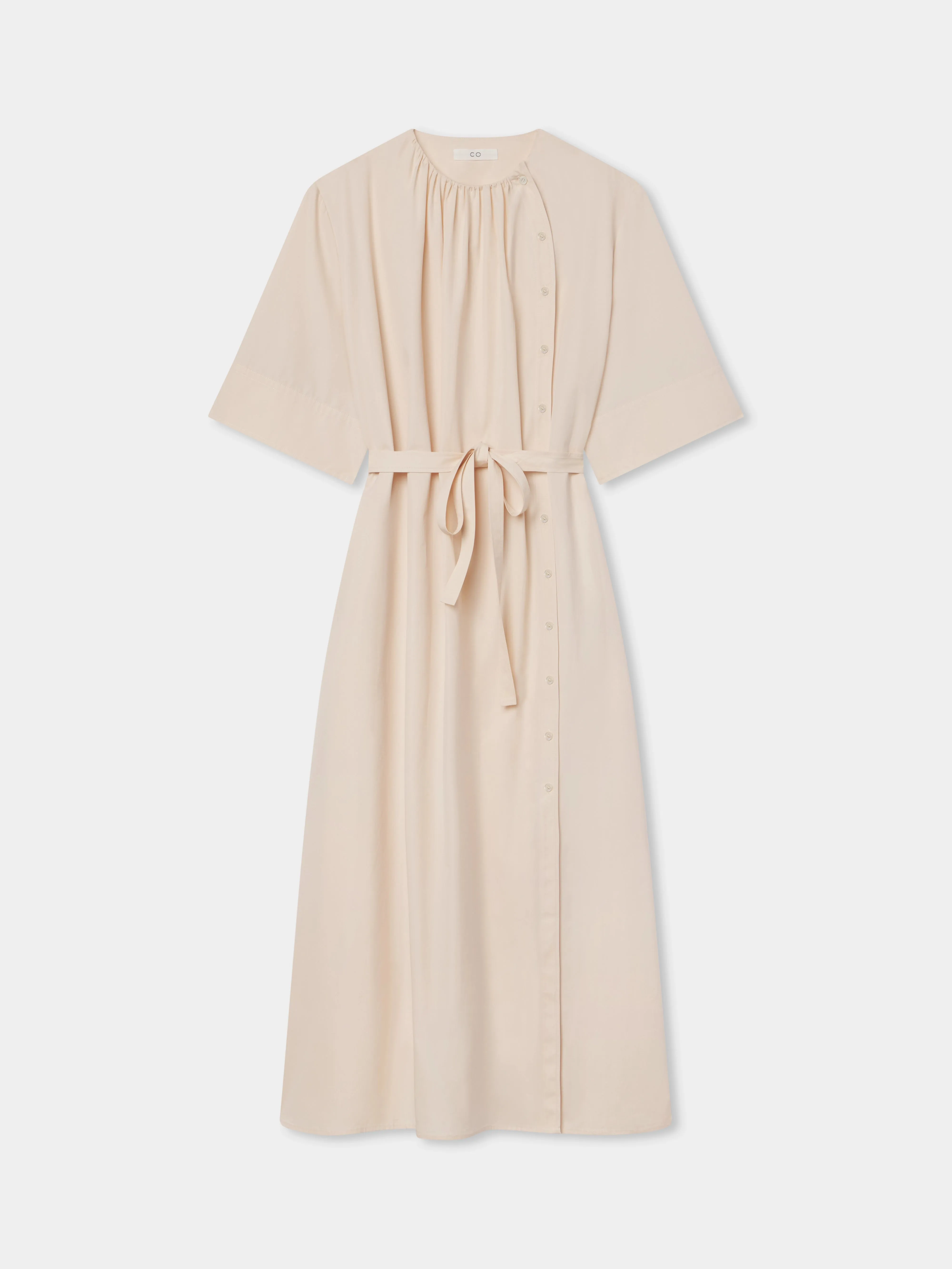 Gathered Belted Dress in Cotton Poplin - Pink