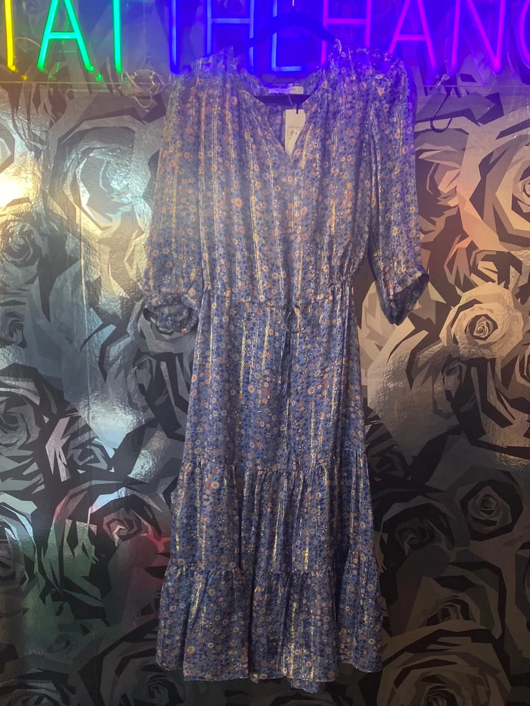 Gerard Darel Blue Three Quarter Sleeve Floral Maxi