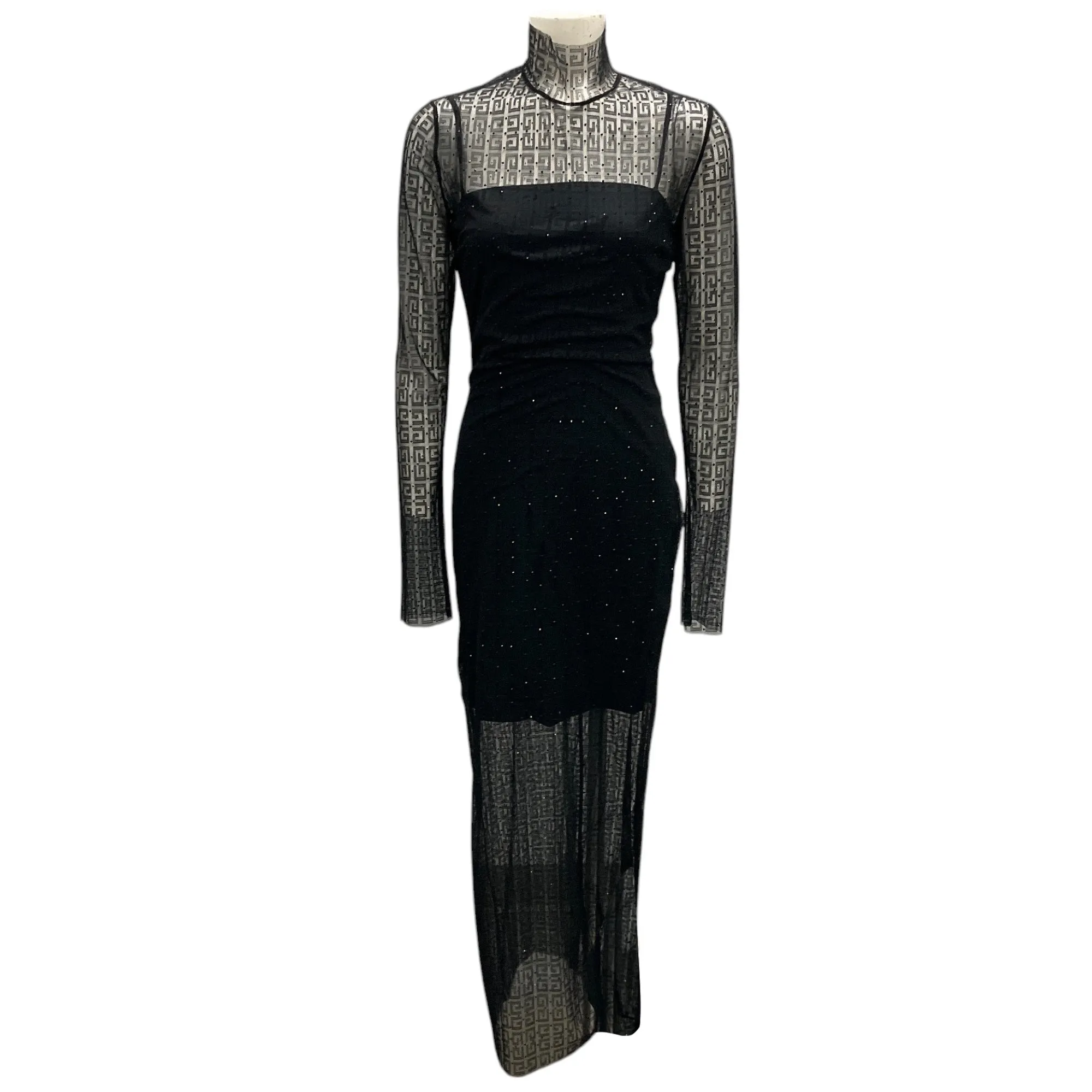 Givenchy Black 4G Lace Rhinestone Embellished Tulle Maxi Dress
