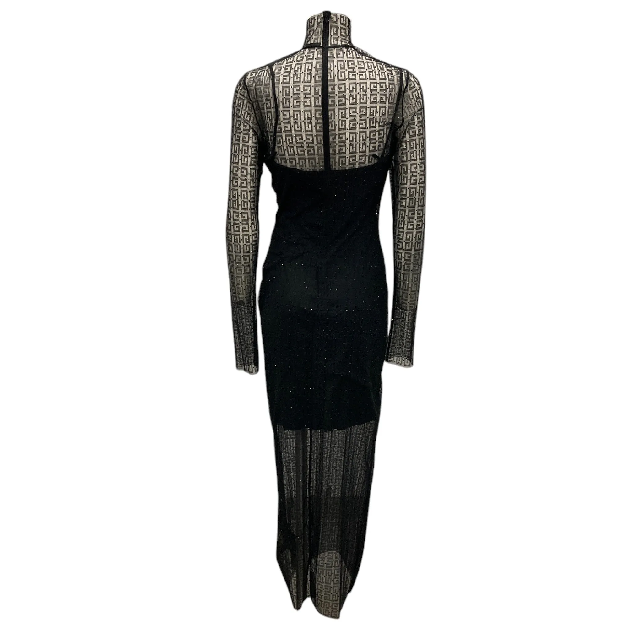 Givenchy Black 4G Lace Rhinestone Embellished Tulle Maxi Dress