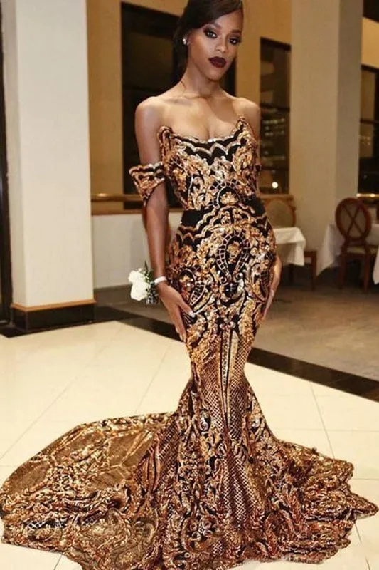 Glorious Strapless Gold Sequin Long Mermaid Prom Dresses