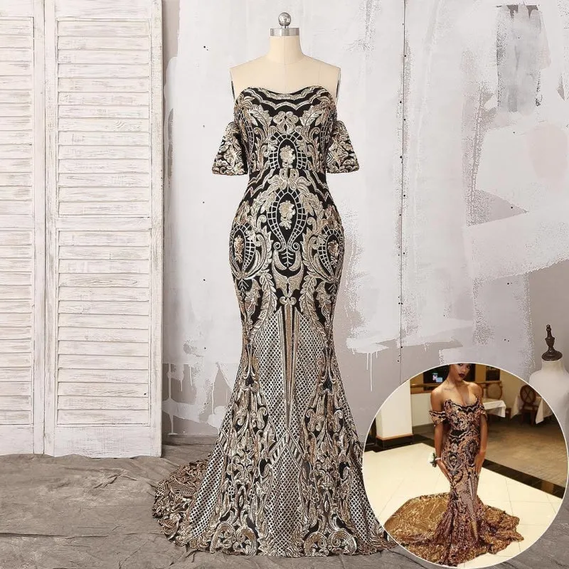 Glorious Strapless Gold Sequin Long Mermaid Prom Dresses
