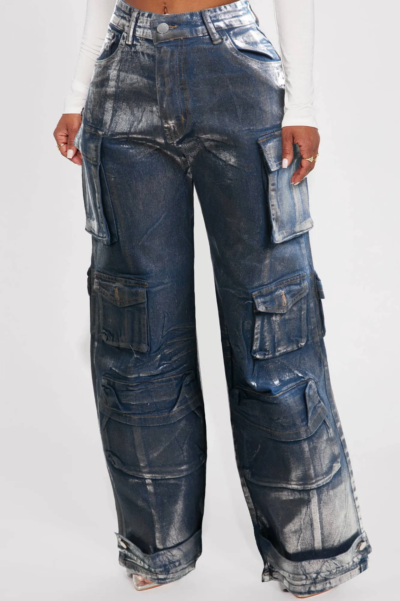 Gold Foil Cargo Wide Leg Jeans