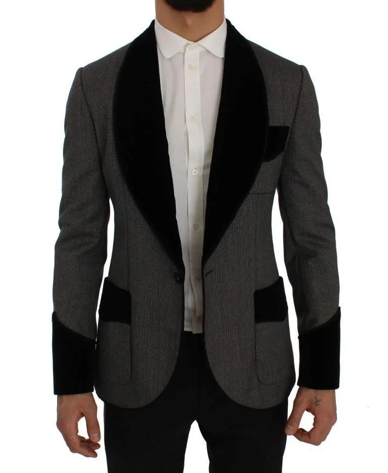 Gray Black One Button Slim Fit Blazer Jacket