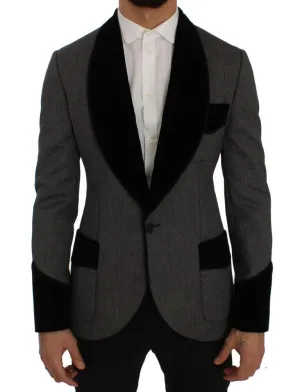 Gray Black One Button Slim Fit Blazer Jacket