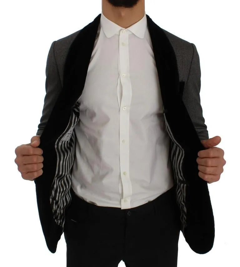 Gray Black One Button Slim Fit Blazer Jacket