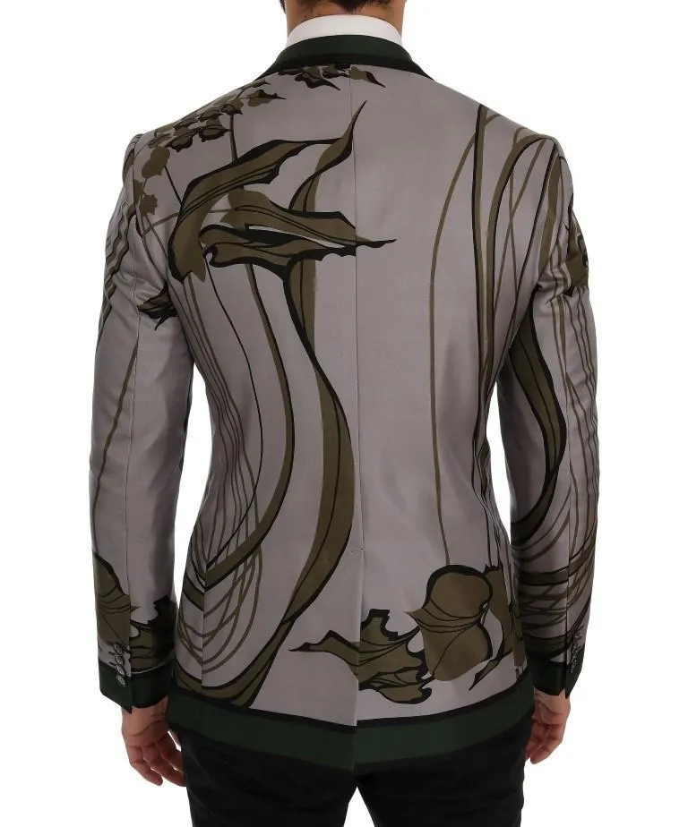 Gray Green Floral Slim Fit Blazer Jacket