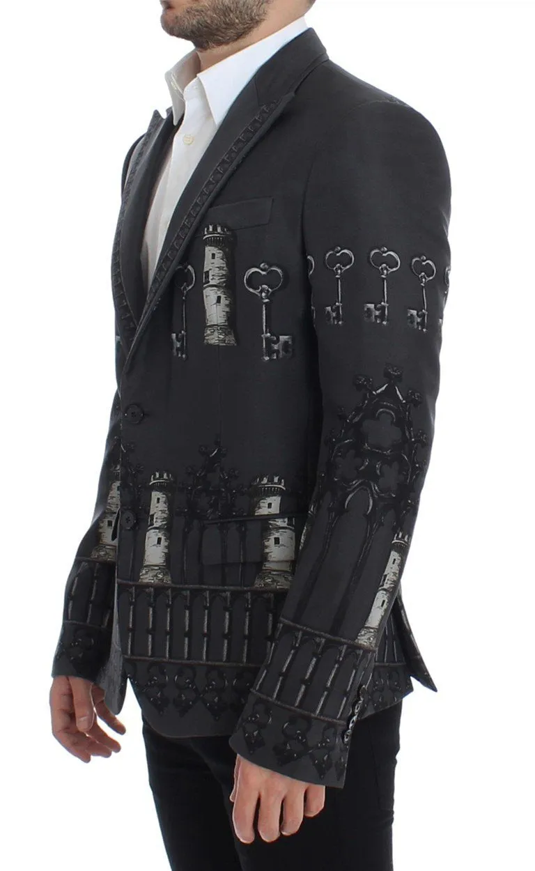 Gray silk knight two button blazer