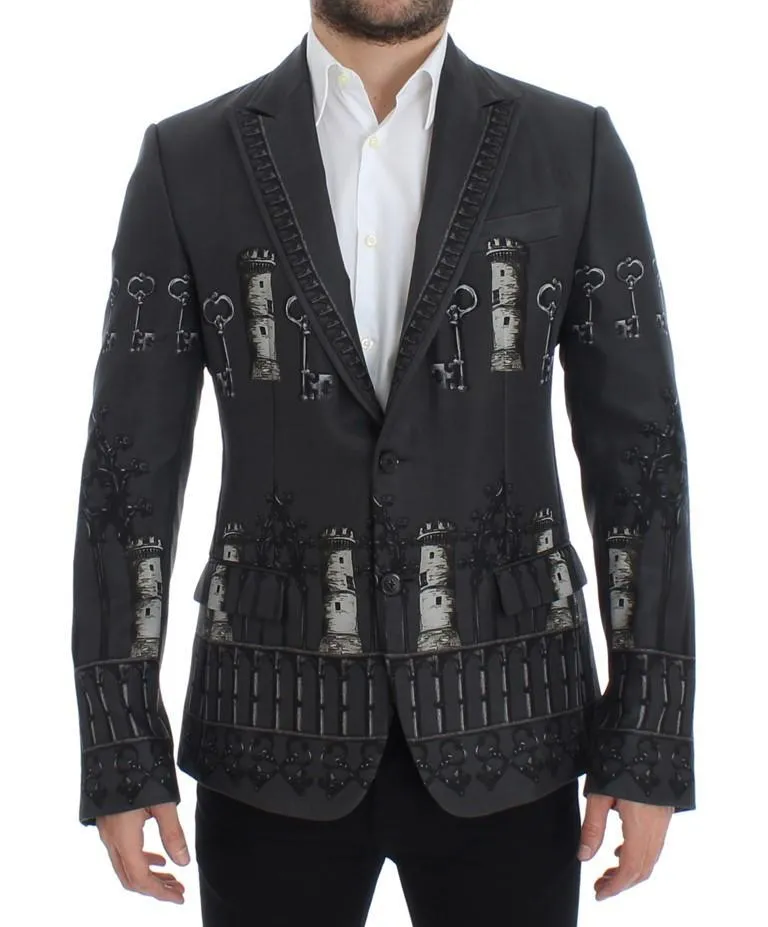 Gray silk knight two button blazer