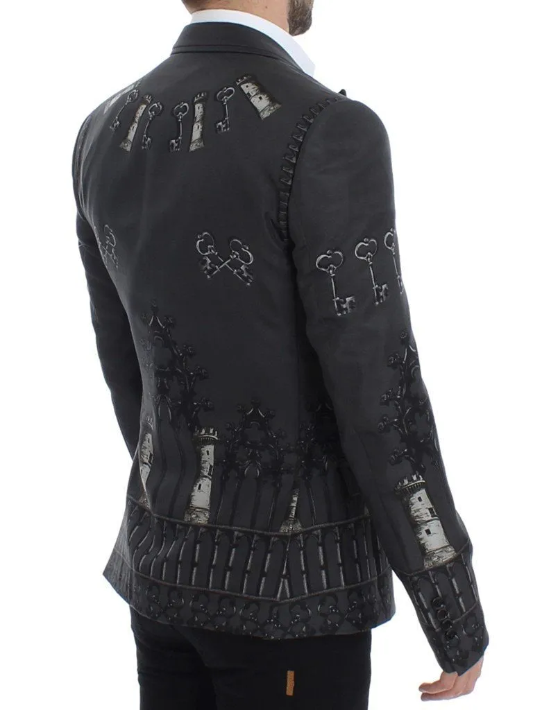 Gray silk knight two button blazer