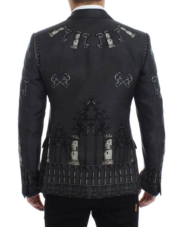 Gray silk knight two button blazer