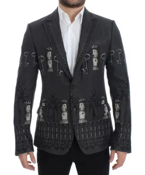 Gray silk knight two button blazer