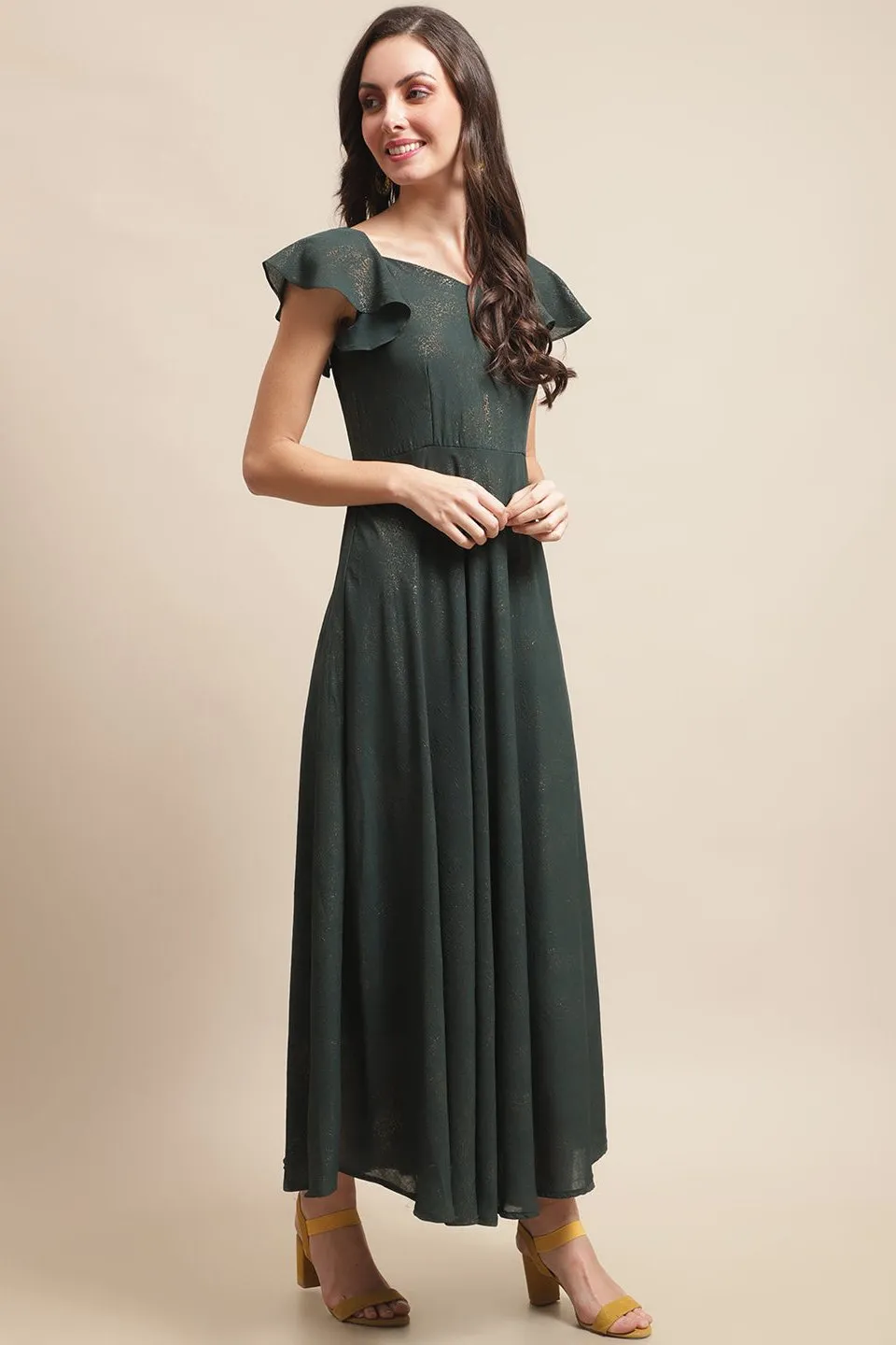 Green Color Solid Printed Dress For Women