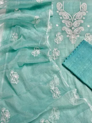 Green Embroided Cotton Kota Doria Suit With Dupatta