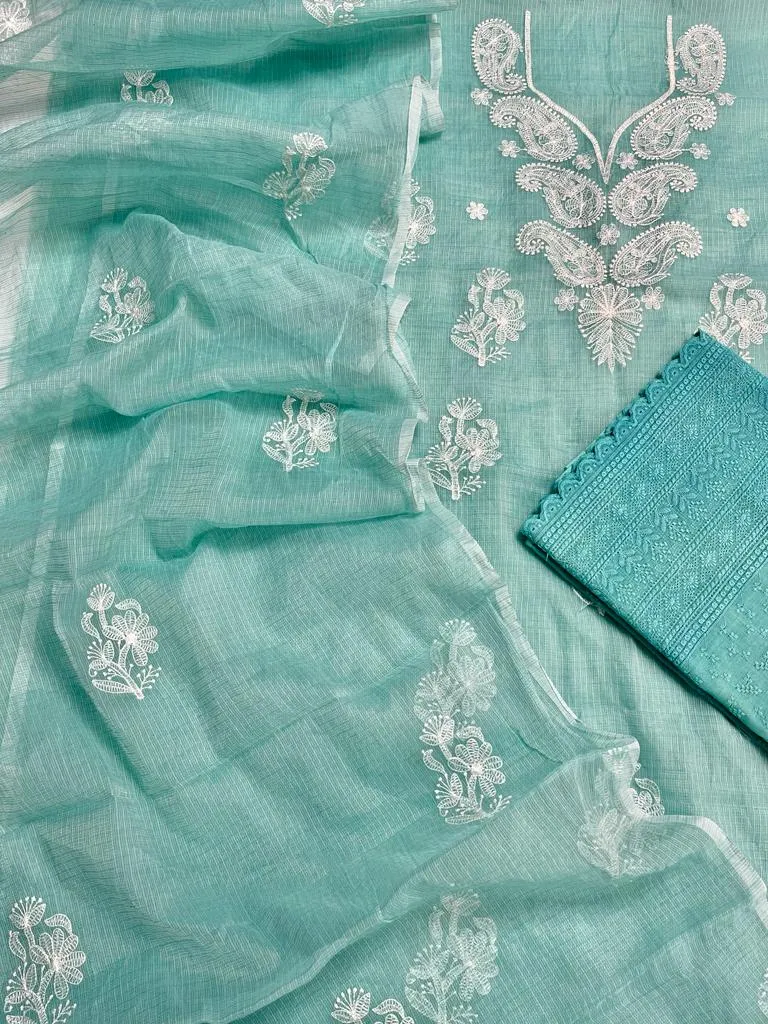 Green Embroided Cotton Kota Doria Suit With Dupatta