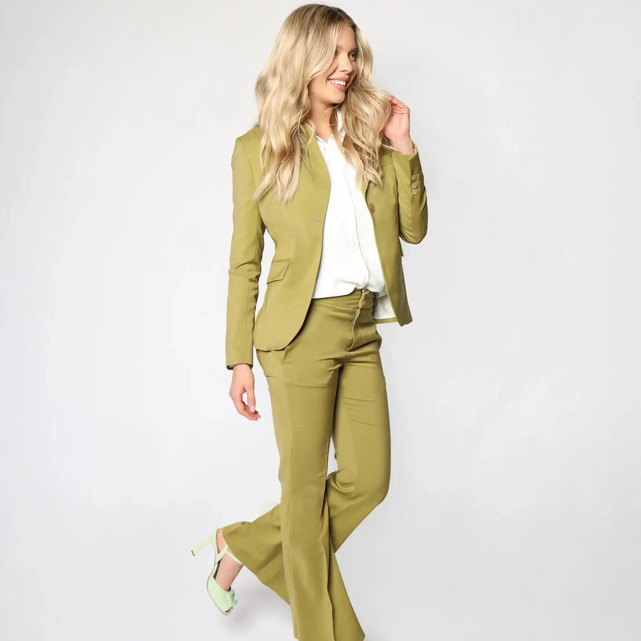 Green Italian Single Button Wool Women's Blazer