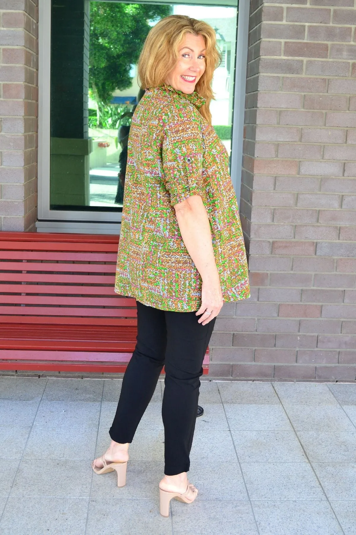 Green Pattern Pocket High Collar Tunic Shirt