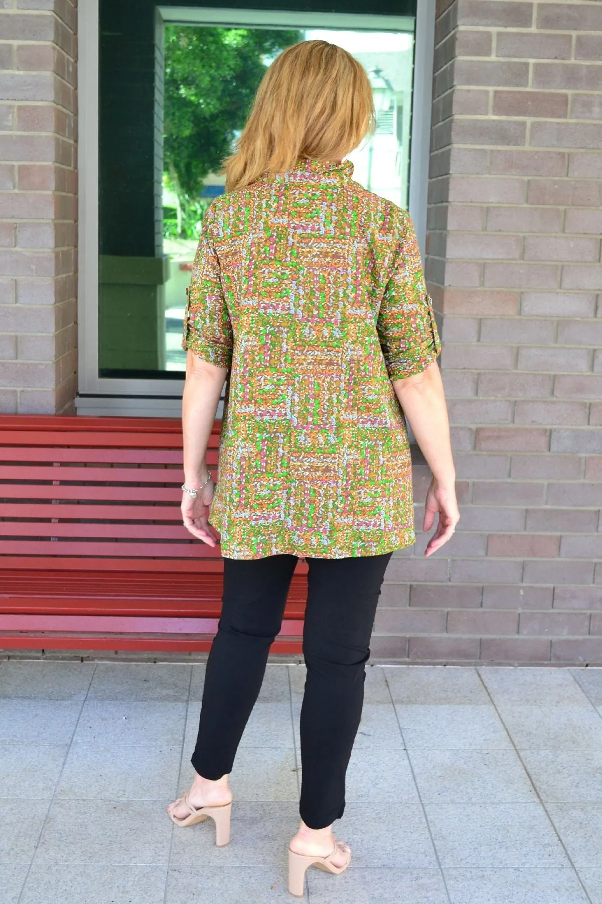 Green Pattern Pocket High Collar Tunic Shirt