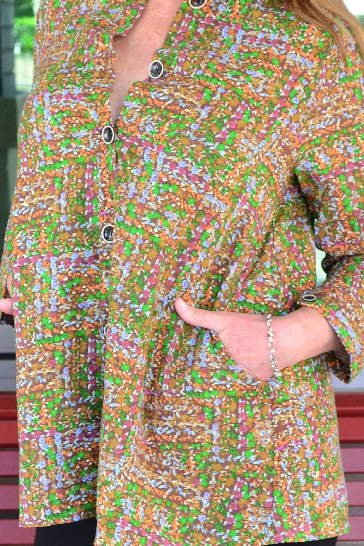 Green Pattern Pocket High Collar Tunic Shirt