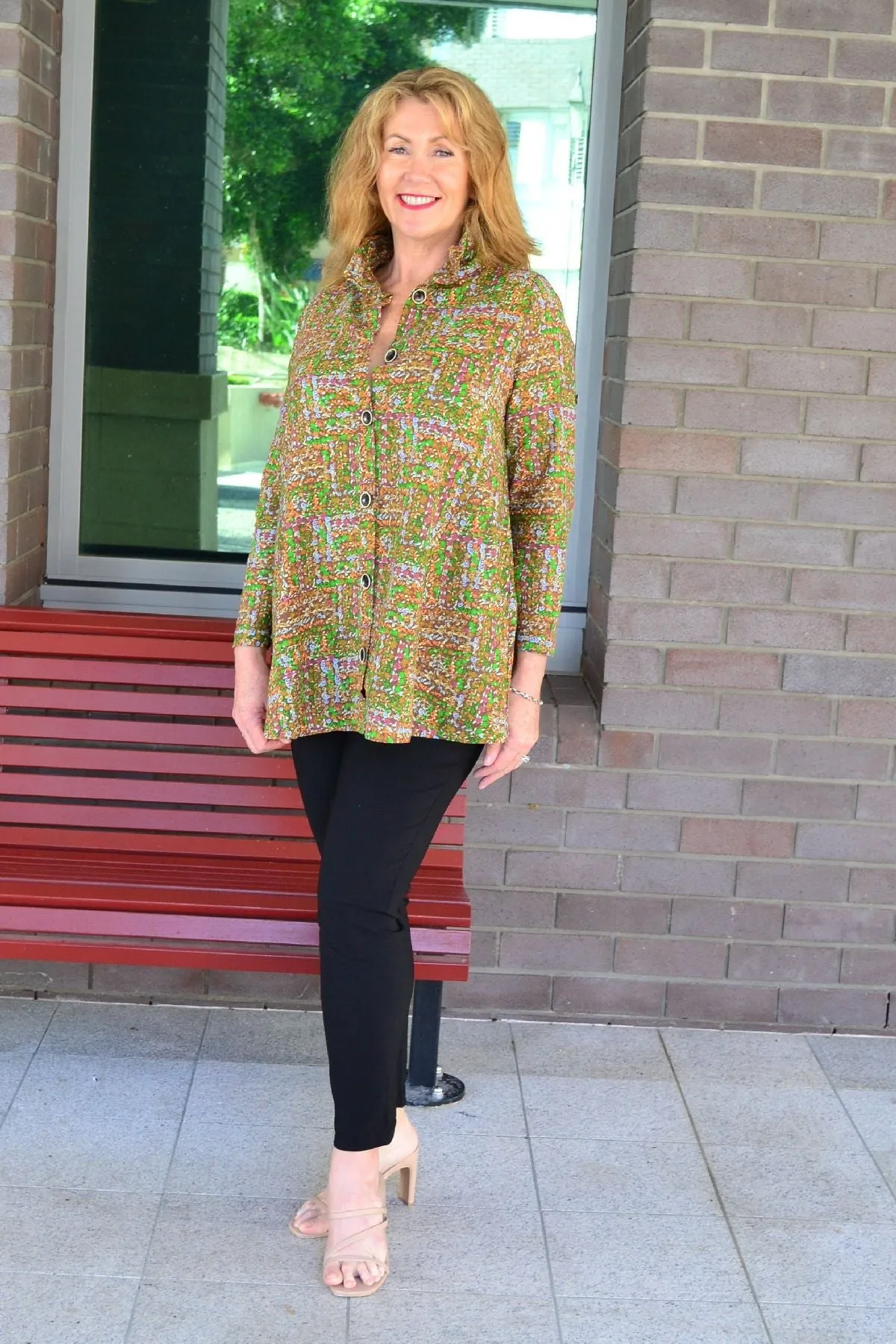 Green Pattern Pocket High Collar Tunic Shirt