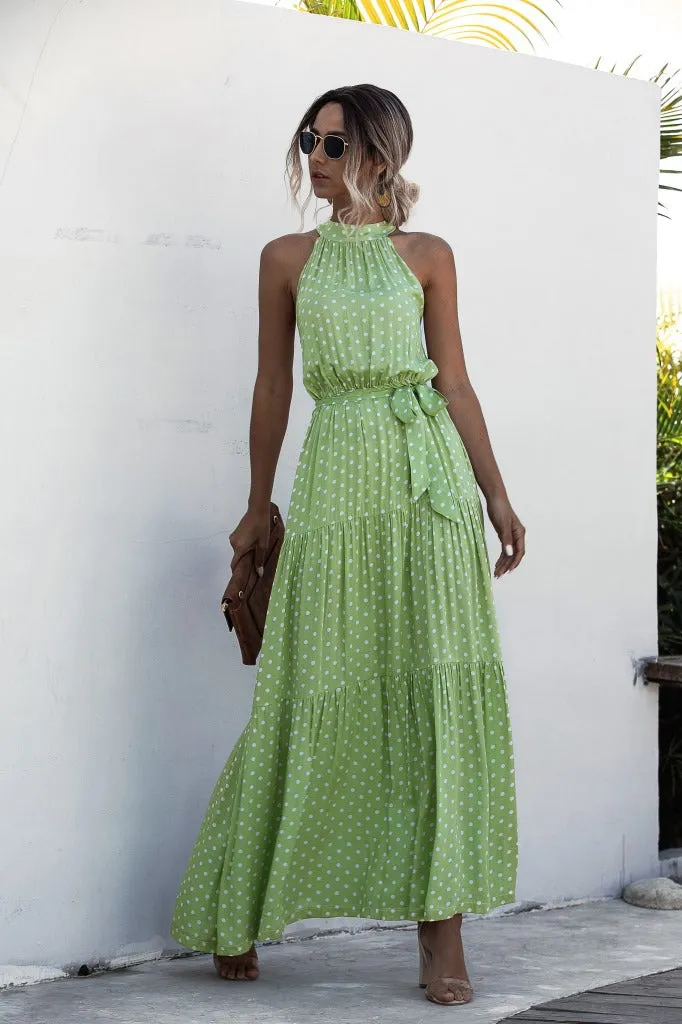 Green Wave Bohemian Boho Printed Hanging Neck Straps Maxi Dresses