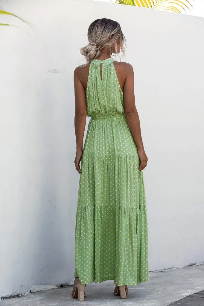 Green Wave Bohemian Boho Printed Hanging Neck Straps Maxi Dresses