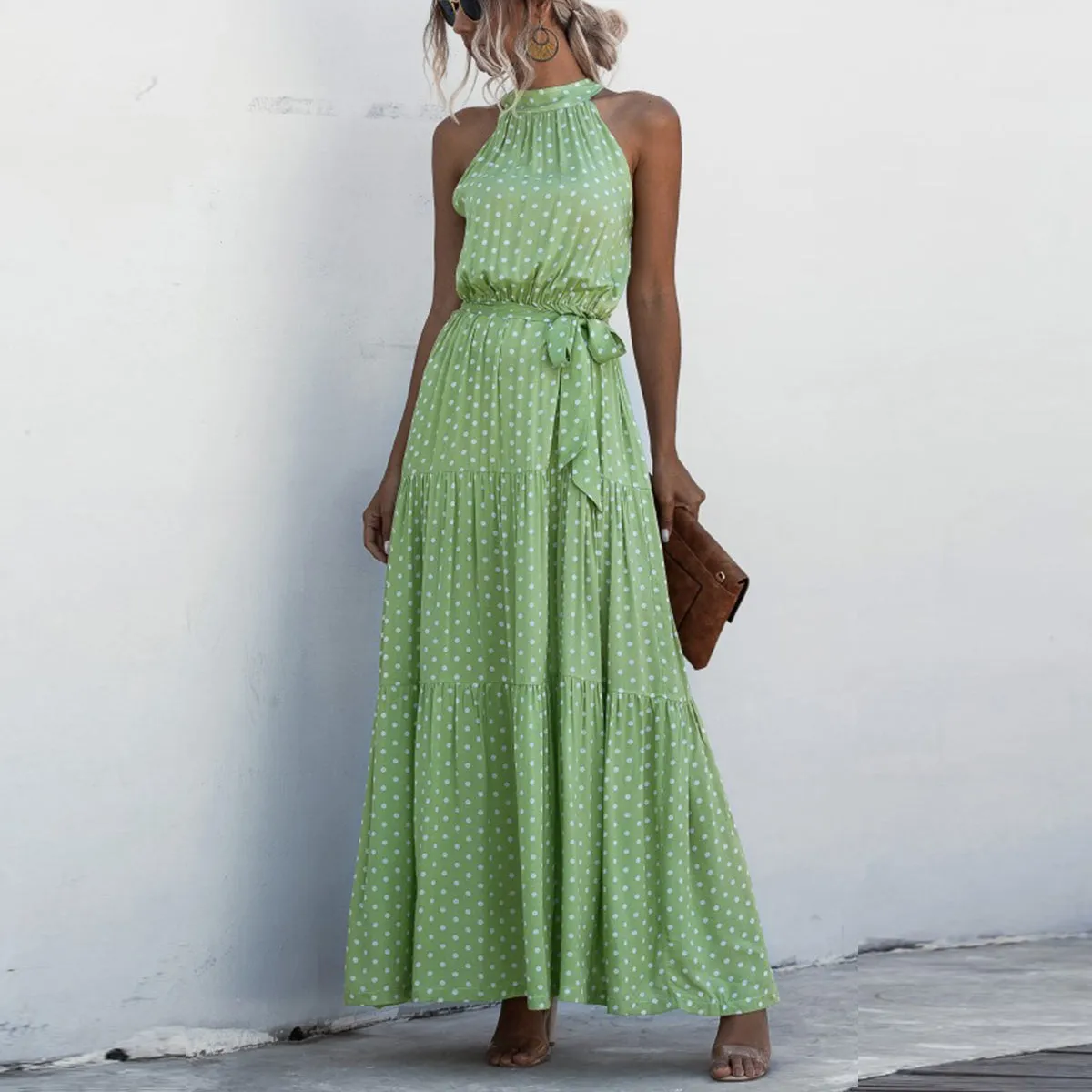 Green Wave Bohemian Boho Printed Hanging Neck Straps Maxi Dresses