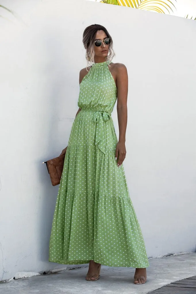 Green Wave Bohemian Boho Printed Hanging Neck Straps Maxi Dresses
