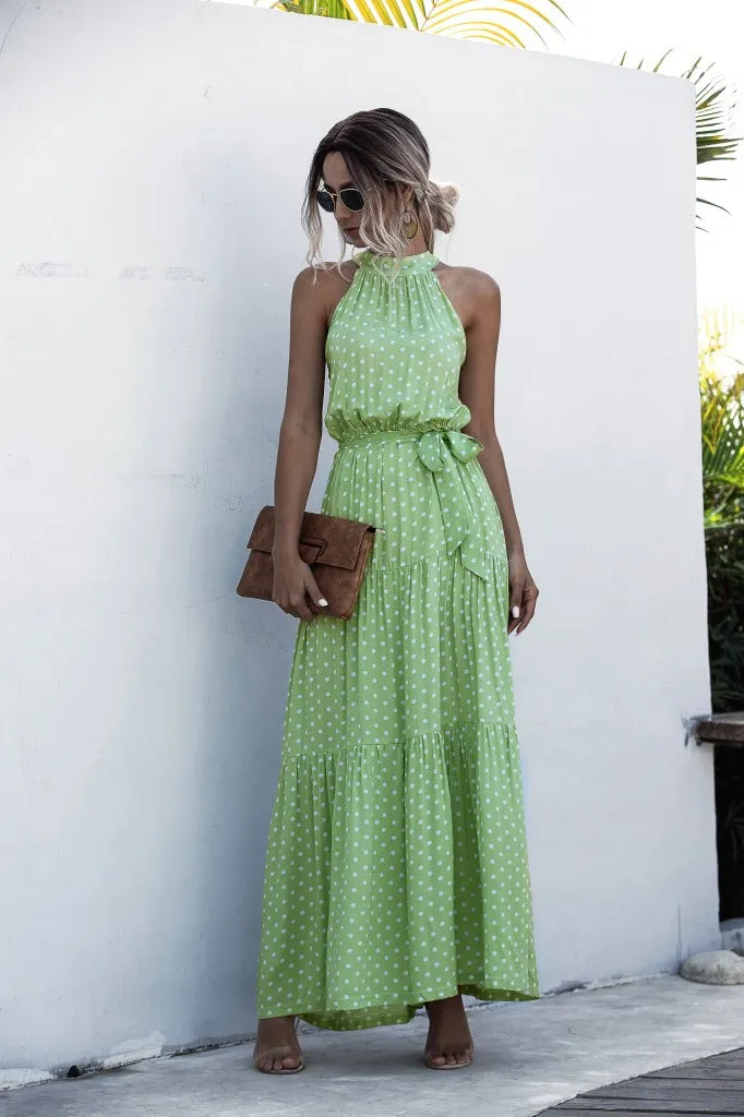 Green Wave Bohemian Boho Printed Hanging Neck Straps Maxi Dresses
