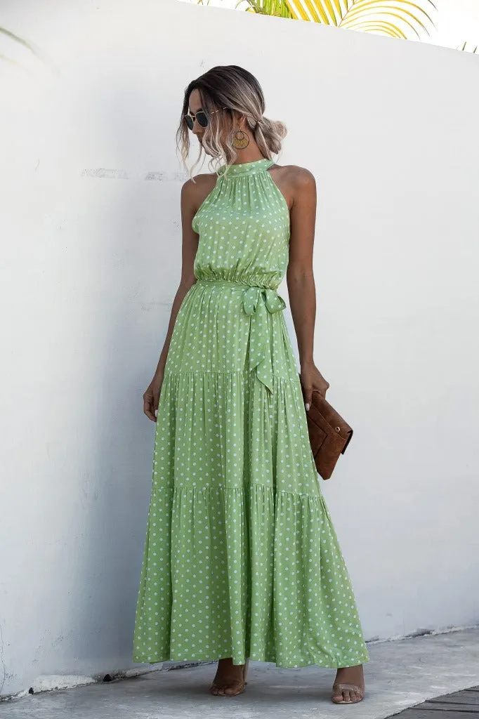 Green Wave Bohemian Boho Printed Hanging Neck Straps Maxi Dresses