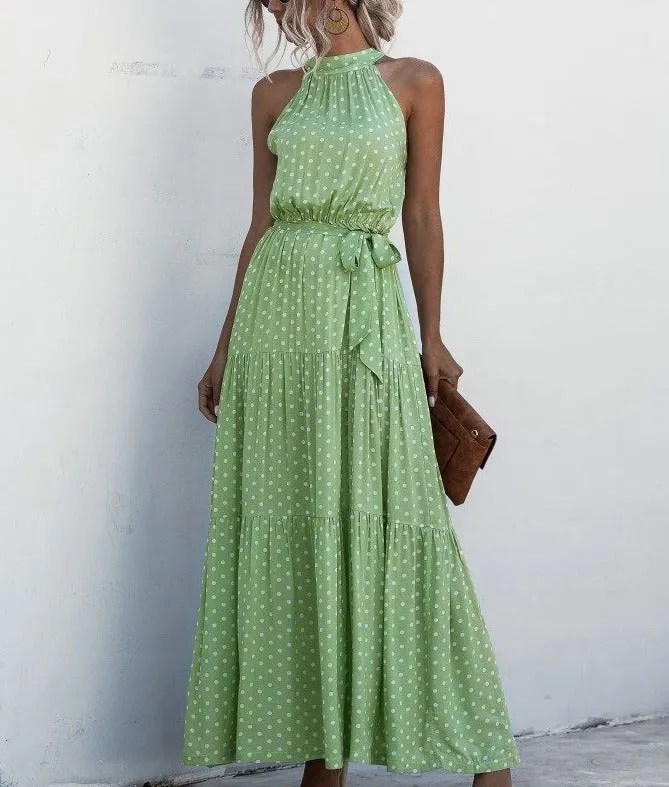 Green Wave Bohemian Boho Printed Hanging Neck Straps Maxi Dresses