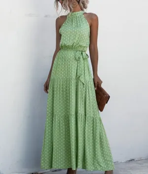 Green Wave Bohemian Boho Printed Hanging Neck Straps Maxi Dresses
