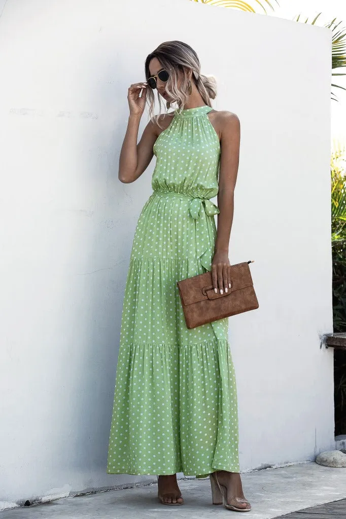 Green Wave Bohemian Boho Printed Hanging Neck Straps Maxi Dresses