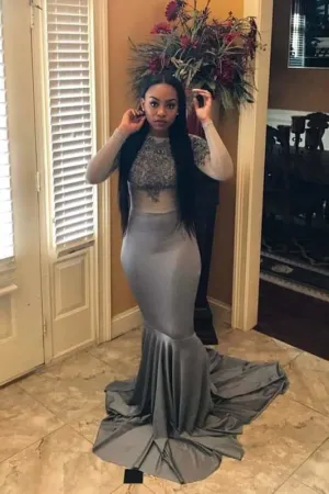 Grey Long Sleeves Jewel Floor Length Mermaid Prom Dresses