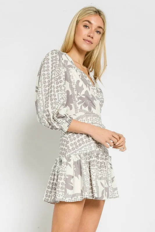 Grey Tropical Ruffled Dress