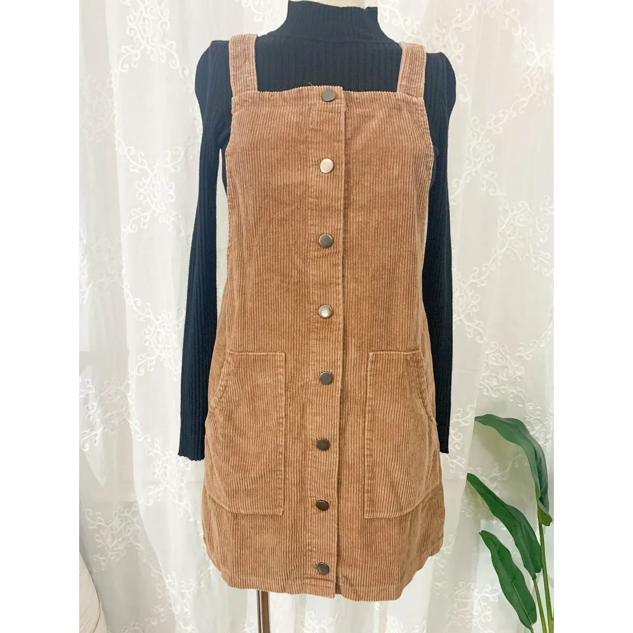 Happy Days Corduroy Button Down Overall Dress - Camel